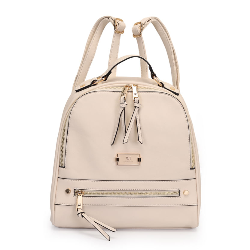 Bolsa WJ off white vista frontal em PU sintético com zíper duplo e ferragens douradas